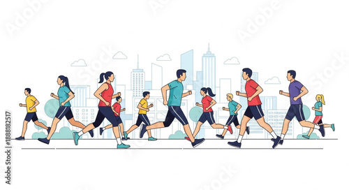 Diverse group of people running together in a city park.