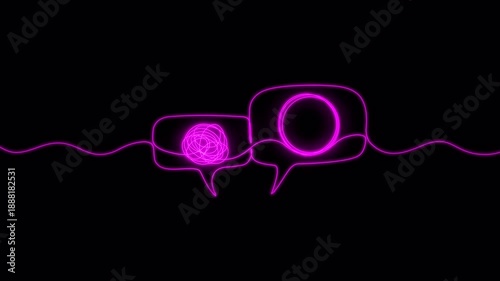 Video. A neon tangled and unraveling thread of thoughts, in speech bubbles stretched into one continuous line. Concept of psychotherapy, mental health, problem solving. Animation on a black background