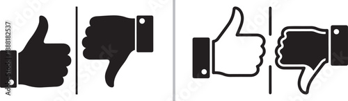 A black and white vector set featuring solid thumbs up and thumbs down icons separated by a vertical line, representing approval, voting, and binary user feedback options.
