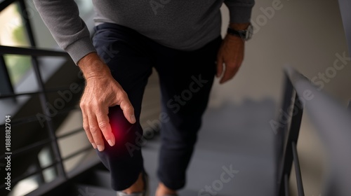 Man holding painful knee on stairway, joint injury and arthritis inflammation concept with red highlight