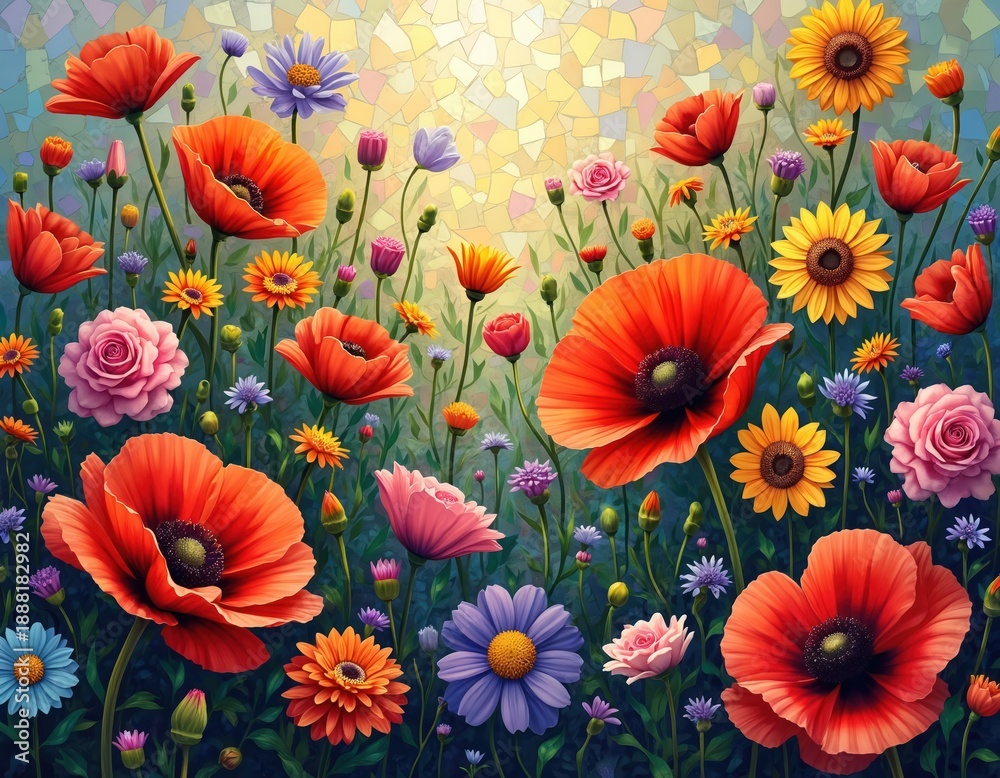 Obraz premium Field with vibrant poppies, sunflowers, and roses under bright sun. Diverse colorful flowers bloom in lush garden plants. Peaceful natural meadow landscape.