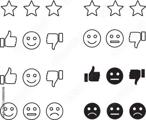 Comprehensive collection of black and white vector icons for user feedback, featuring star ratings, thumbs up and down, smiley face sentiment scales, and customer profile silhouettes.