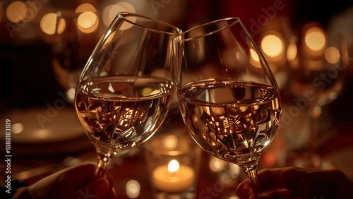 Close-up of wine glasses toast at a candlelit dinner with warm bokeh background