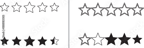 A black and white vector set of five-star rating systems in various styles, featuring hollow outlines, solid black shapes, and half-filled stars for precise quality and performance tracking.