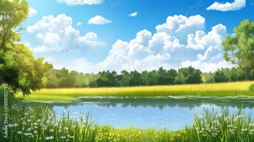 Bright summer scene with green grass and clear water reflecting the sky above in a rural setting