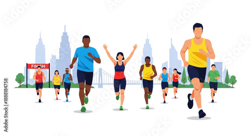 Diverse group of runners competing in a city marathon race.