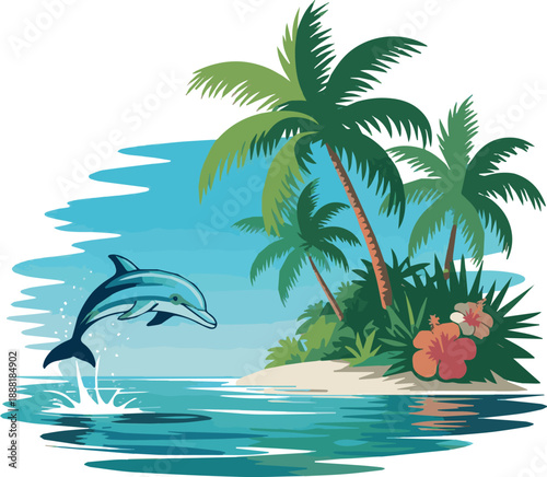 Isolated Dolphins in sea, coconut tree flower I Wall Decor, t shirt Design victor art on without Background