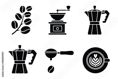 Coffee Icons Beans, Grinder, Moka Pot, Portafilter, Latte Art