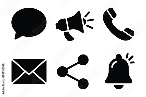 Communication Icons Chat bubble, Megaphone, Phone, Envelope, Network, Bell