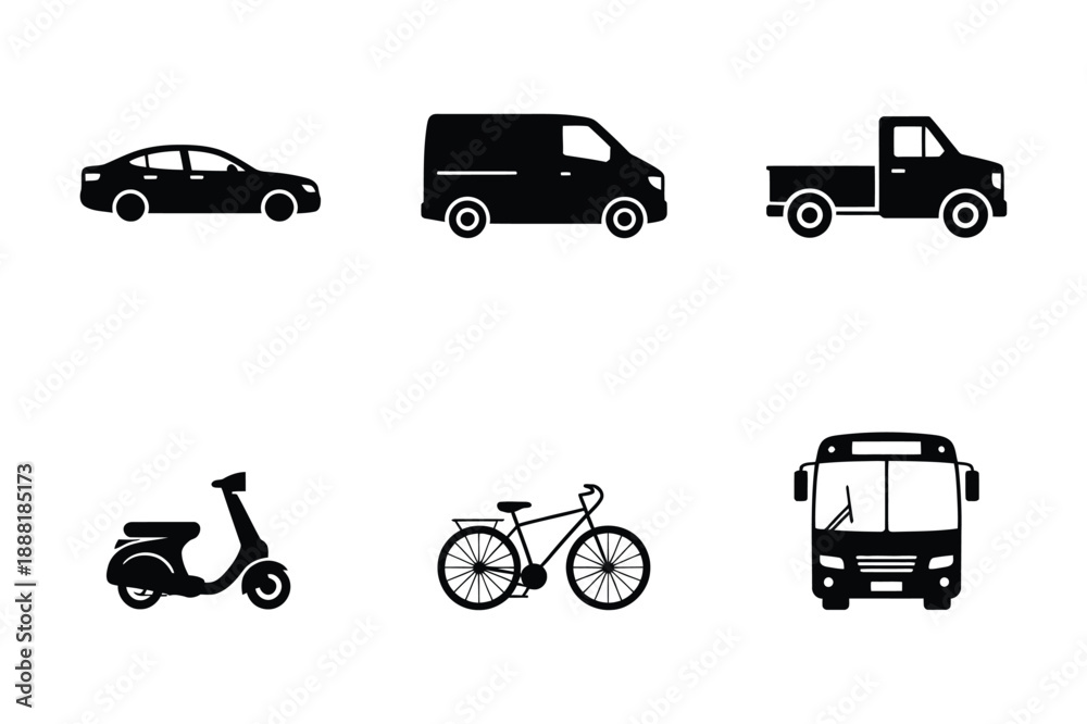 Fototapeta premium Vehicle Icons Car, Van, Truck, Scooter, Bicycle, Bus