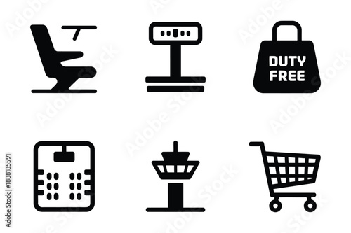 Airport Travel Icons Seat, Scale, Duty-Free Bag, Control Tower