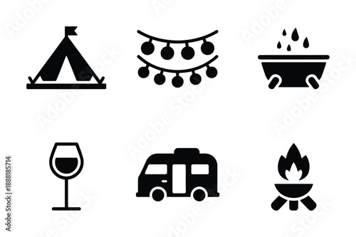 Camping and Outdoor Icons Tent, String Lights, Campfire