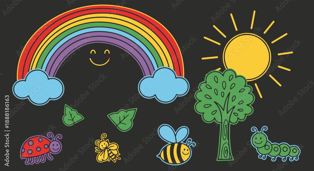 Obraz premium Playful Vector Illustration of a Joyful Nature Scene Featuring a Colorful Rainbow, Bright Sun, Green Tree, and Happy Insects