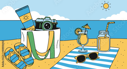 Minimalist Flat Design Vector Illustration of Summer Beach Vacation Essentials on the Sand by the Ocean Under a Bright Sun