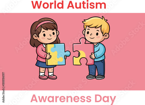 World autism awareness day, cartoon boy and girl holding puzzle pieces, cute cartoon characters, flat vector illustration