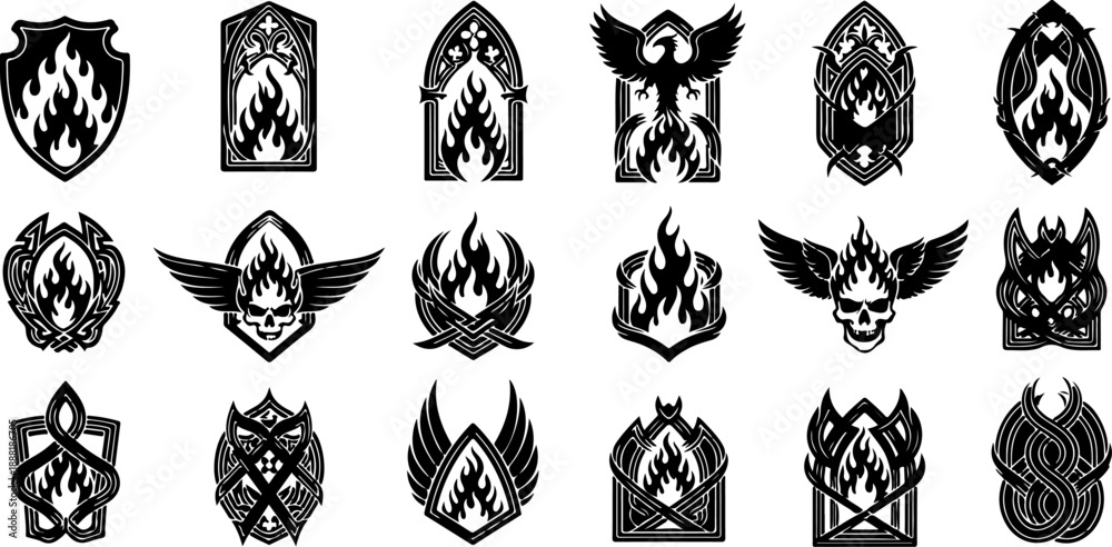 Fototapeta premium Flame Fire Icon Pattern Black Silhouette Vector Set