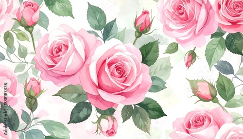 Watercolor illustration displaying light pink roses, buds, and green leaves on a white background