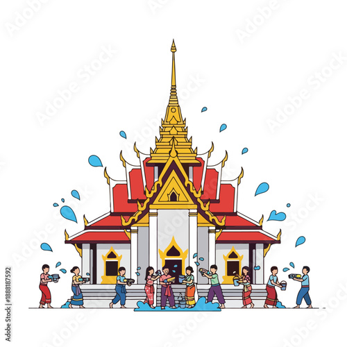 Temple Scene with People Washing and Social Gathering