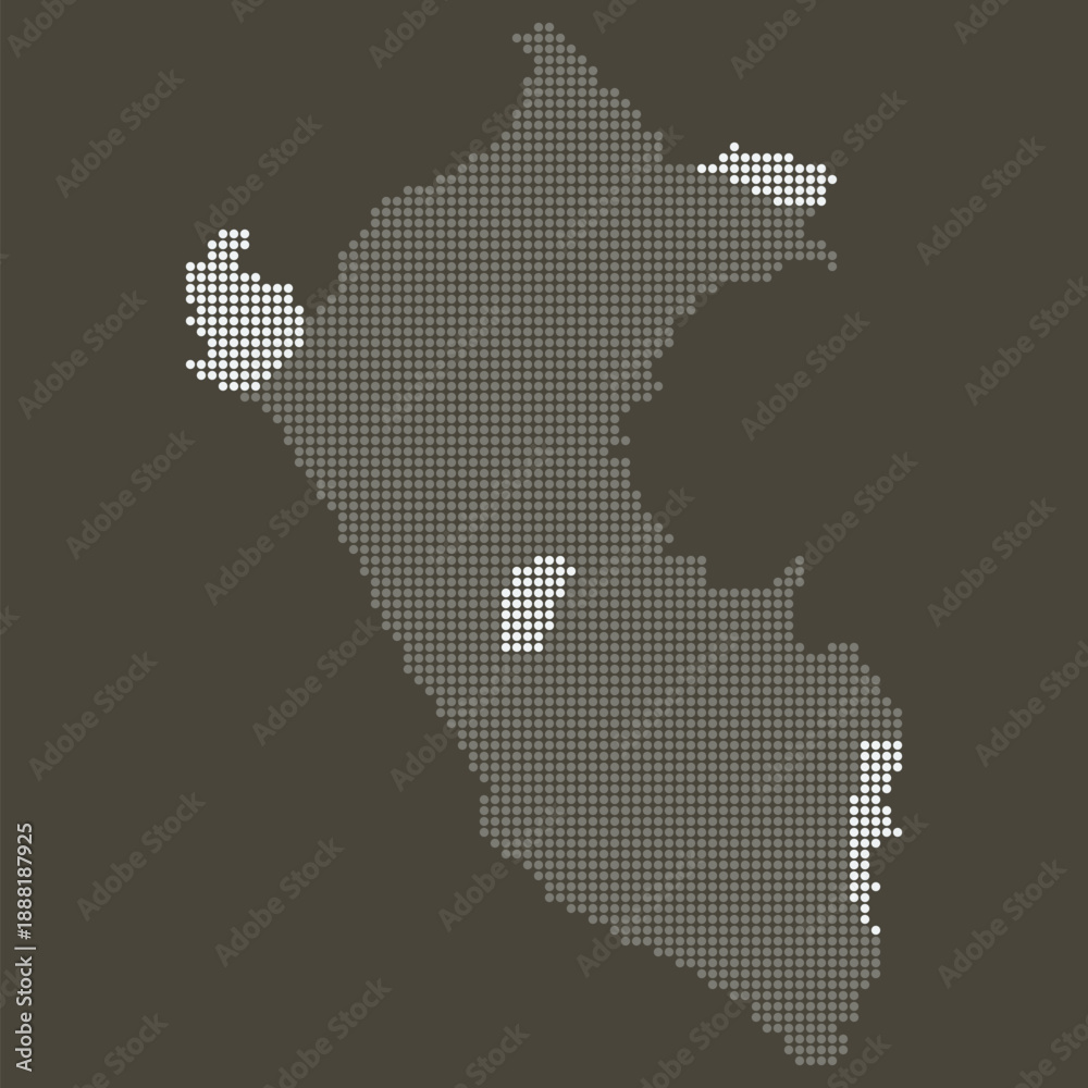 Obraz premium Peru Grey and White Dotted Map on Brown for Copper Mining and Resource Tech. Map of Peru dotted style.