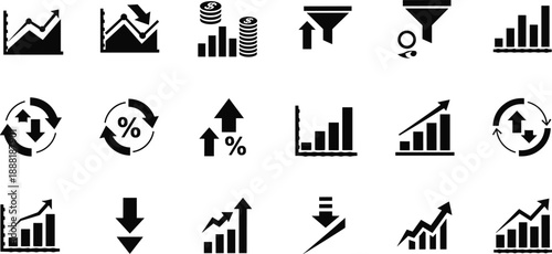 Business finance icons, data analytics symbols, growth chart vector set, currency illustration, performance metrics, funnel diagrams, cyclical arrows, financial reporting resources