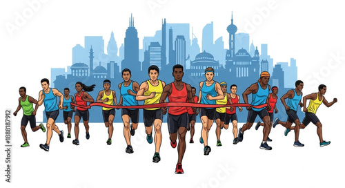 Diverse group of runners crossing finish line in city marathon race.