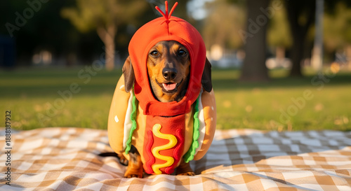 Playful dachshund in a hot dog costume outdoors