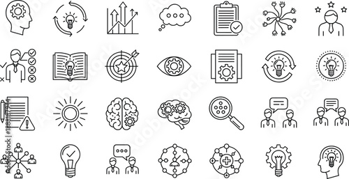 Business icons, innovation symbols, strategy graphics, communication tools, growth analytics, cognitive visuals, vector illustration, minimal line art, organizational development