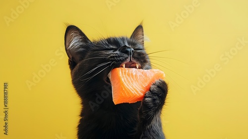 Black Cat Enjoying Fresh Salmon Slice Against Bright Yellow Background