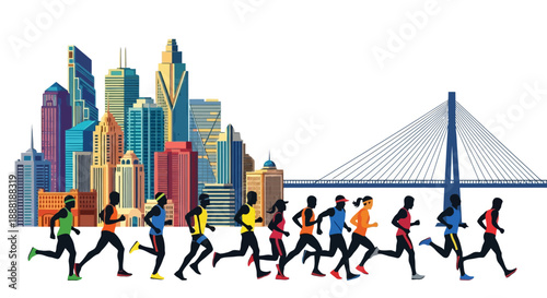 Diverse group of runners in a city marathon with skyscrapers and bridge.