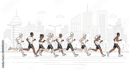 Diverse Group of Runners Competing in a City Marathon Race.
