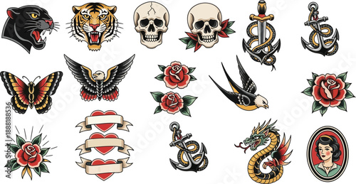 Set of old school tattoo, old school tattoo isolated icon vector, old school traditional tattoo, anchor, dagger, heart, roses, swallows, panther head, hand drawn vector illustration
