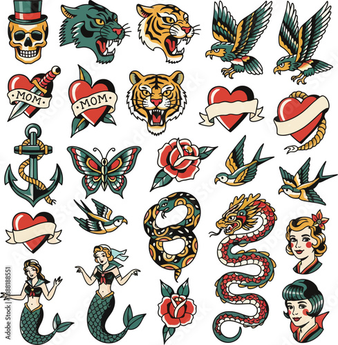 Set of old school tattoo, old school tattoo isolated icon vector, old school traditional tattoo, anchor, dagger, heart, roses, swallows, panther head, hand drawn vector illustration