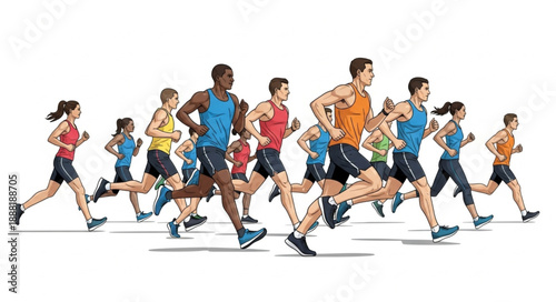 Diverse Group of Runners Competing in a Race on White Background.