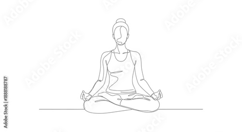 continuous line drawing of a woman meditating in lotus position for mindfulness and wellness app design concepts on a clean background