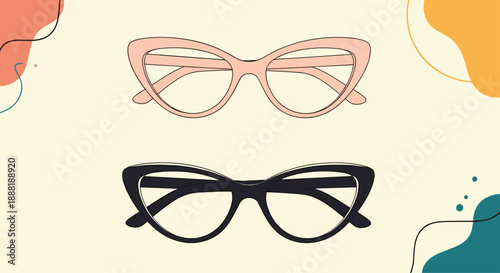 Two pairs of cat eye glasses in pink and black colors displayed on a cream background with abstract organic shapes.