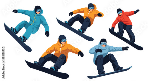 Action set of five snowboarders in colorful winter gear performing various jumps and tricks against a clean white background.