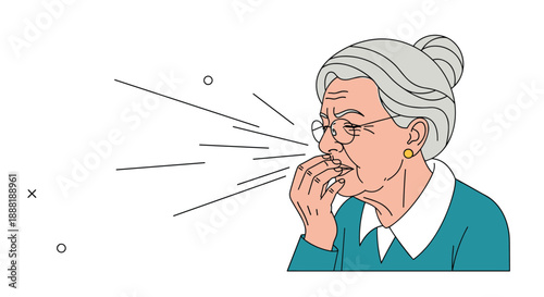 Elderly woman with gray hair wearing glasses coughing or sneezing while covering her mouth with her hand to prevent spread.