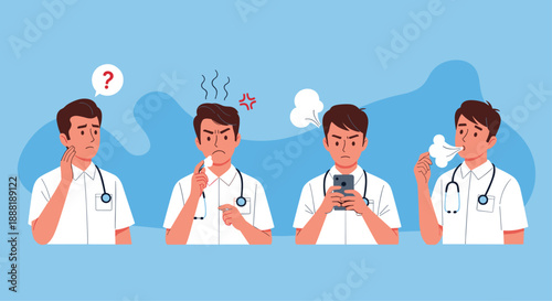 Four illustrations of a male doctor expressing various negative emotions like frustration, anger, and fatigue while working.