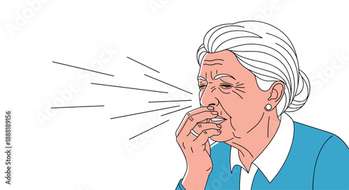 Illustration of an elderly woman coughing into her hand representing illness or respiratory issues in senior citizens.