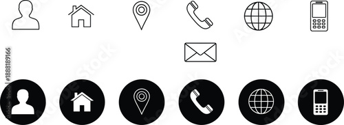 Contact icons, communication symbols, user interface graphics, phone email location, mobile tools, vector illustration, minimal line art, web design elements