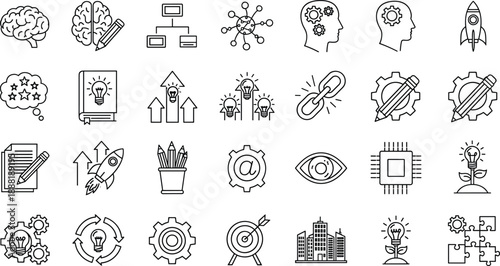 Creativity icons, innovation symbols, technology vector set, business development illustration, brainstorming tools, problem solving elements, organizational growth, digital advancement, success 