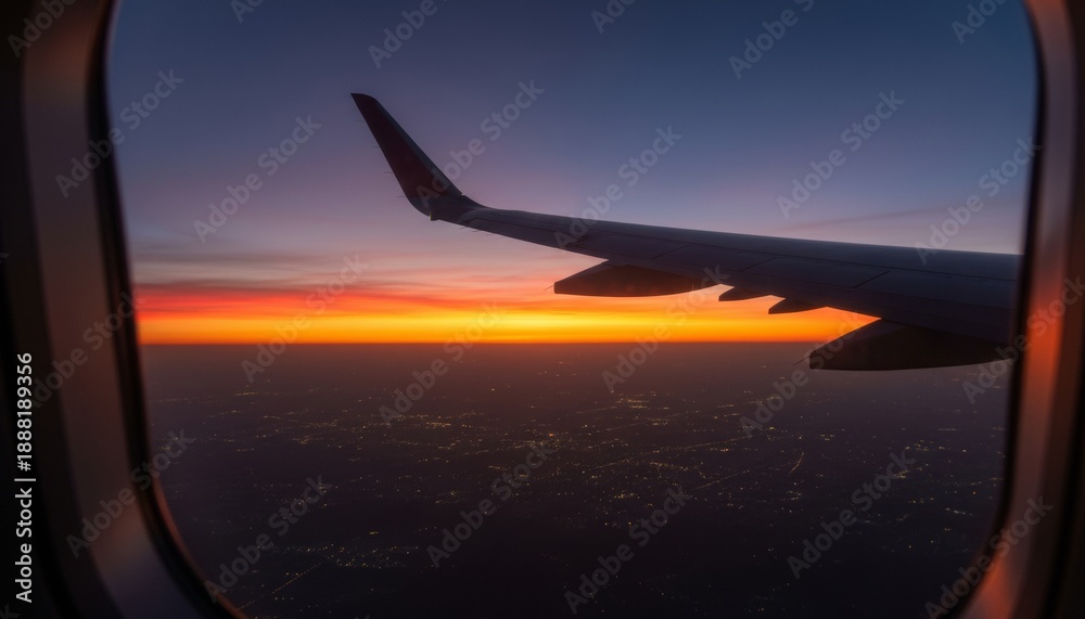 Fototapeta premium Airplane wing silhouetted against vibrant sunset sky with city lights below, aerial view