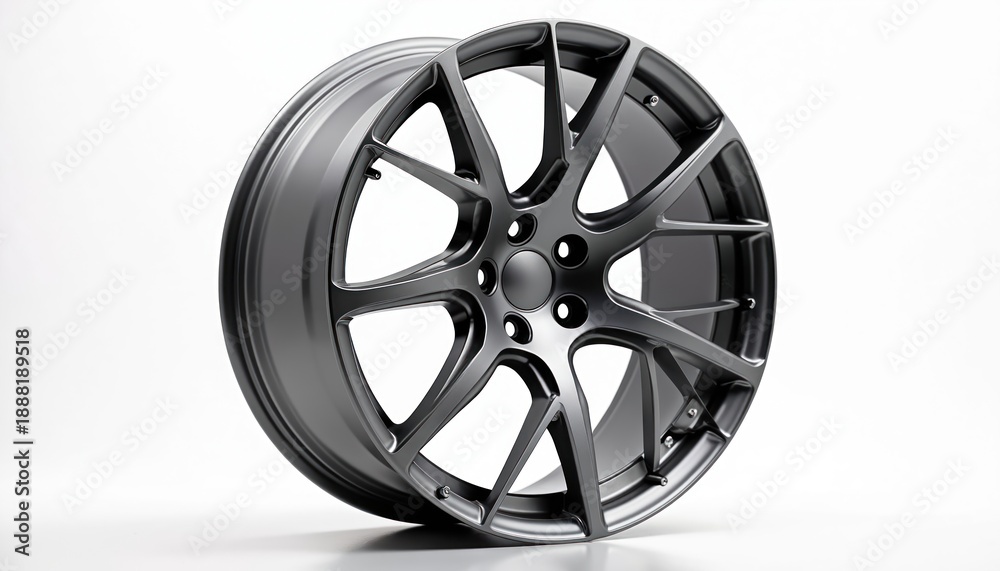 Obraz premium Modern alloy car wheel with polished metallic finish. This wheel is detailed automotive part. It features sleek design, is suitable for performance vehicles. This car part shows precision engineering.