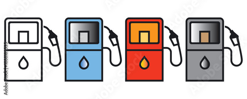 Gas pump icon set with different color variations for fuel station symbols