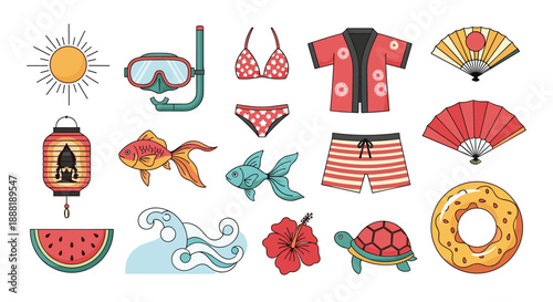 Large collection of colorful summer themed icons including swimwear, snorkeling gear, sea animals, and seasonal treats.