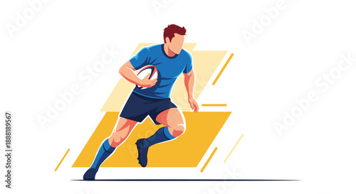 Dynamic illustration of a male rugby player in a blue kit sprinting with the ball during an intense sports match.