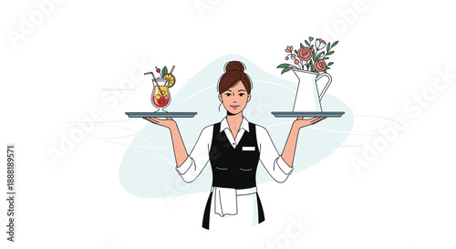 Smiling waitress in a black vest and white shirt balancing two trays with a colorful cocktail and a vase of flowers.