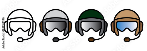 Collection of aviator helmet icons with microphone and goggles in various styles and colors