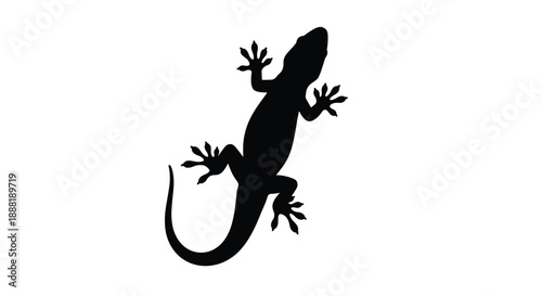 Solid black silhouette of a lizard crawling on a white background captures the detailed shape and posture of the reptile.