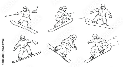 Set of line drawing illustrations showcases various snowboarding techniques and aerial jumps performed by a skilled athlete.